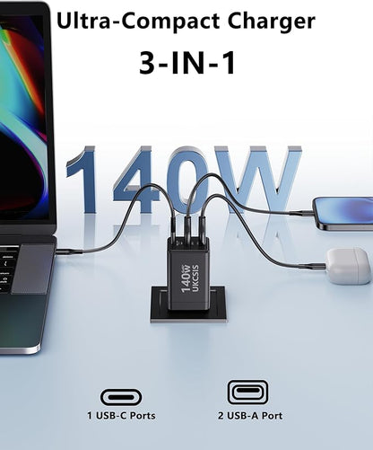 140W USB C Charger Block, Foldable 3-Port Multi-Device Fast Charger USB C Power Adapter for MacBook pro/Air, Dell, Samsung Galaxy, iPad Pro, and More (Black)
