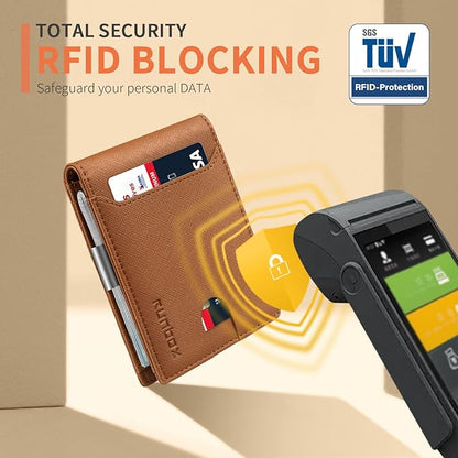 RUNBOX Slim Wallets for Men - Leather Money Clip Mens Wallet - RFID Blocking Front Pocket Bifold Wallet - Thin Credit Card Holder with Gift Box