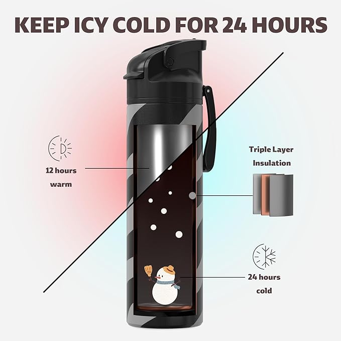 OISIZ Insulated Water Bottle 24 oz with 2 in 1 Spout and Straw Lid,One Click Safety Lock,100% Leakproof,Keep Cold 24H,Vacuum Stainless Steel Water Bottle for School,Travel and Sports,Dishwasher Safe