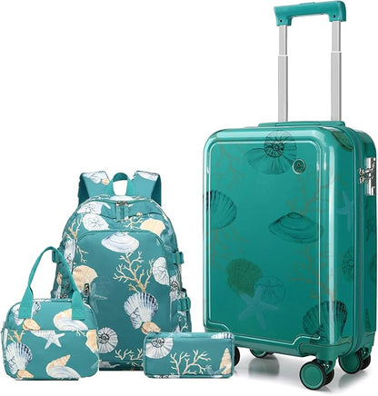 Somago 4 Piece Kid's Luggage with Backpack Set for Boys Girls Spinner 18" Hardside PC Rolling Carry on Suitcase with TSA Lock (Seashell Blue)