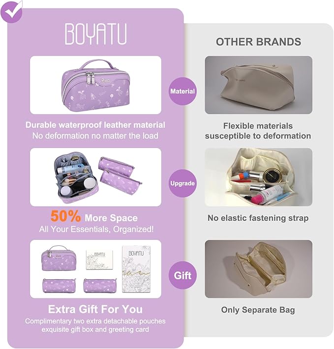 BOYATU Travel Makeup Bag Cosmetic Bags for Women: 3 Pcs Set Portable Make up Bag with Handle - Vegan Leather Toiletry Bags with Compartments - Makeup Organizer for Travel Essentials(L-3-Lilac)