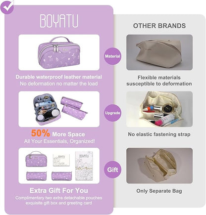 BOYATU Travel Makeup Bag Cosmetic Bags for Women: 3 Pcs Set Portable Make up Bag with Handle - Vegan Leather Toiletry Bags with Compartments - Makeup Organizer for Travel Essentials(L-3-Lilac)
