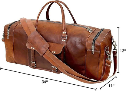 Leather Duffle Bag for Men Luggage Handmade Travel Bag Carry On Luggage Weekender Bags Overnight Gym Sports Cabin Holdall Bag For Airplanes Men And Women (34 Inch Brown)
