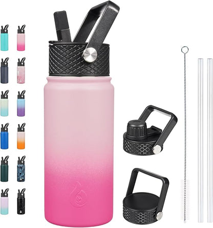 BJPKPK Insulated Water Bottles with Straw Lid, 18oz Stainless Steel Metal Water Bottle, Cold Hot Thermo with 3 Lids, Leak Proof BPA Free Travel Cup, Wide Mouth Flasks, Thermo -Cherry