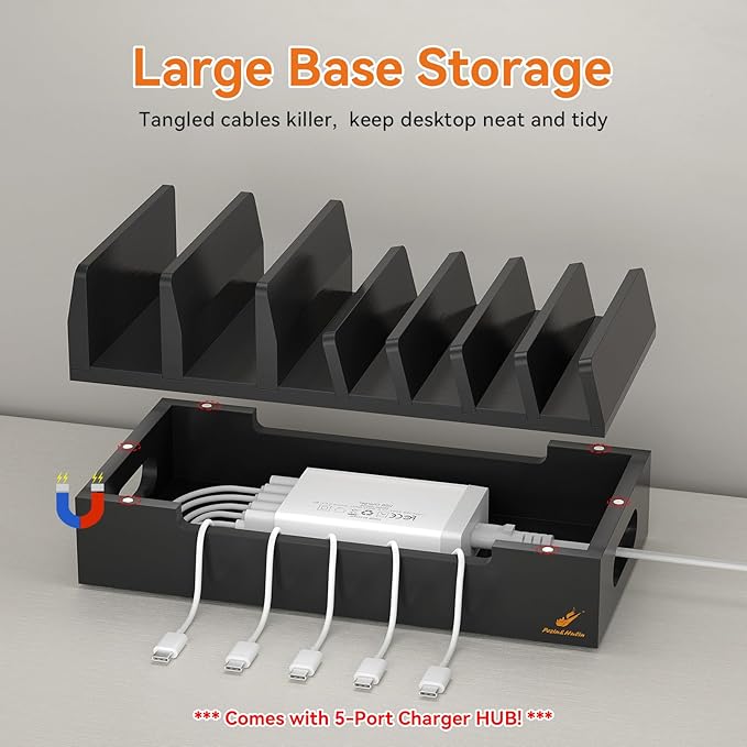 Pezin & Hulin Bamboo Charging Station with Watch Stand, Docking Holder for Multi Device with 5 Port USB Charger HUB, 5 Charge Cables, Desktop Electronic Organizer for Cellphone, Tablet, Watch-Black