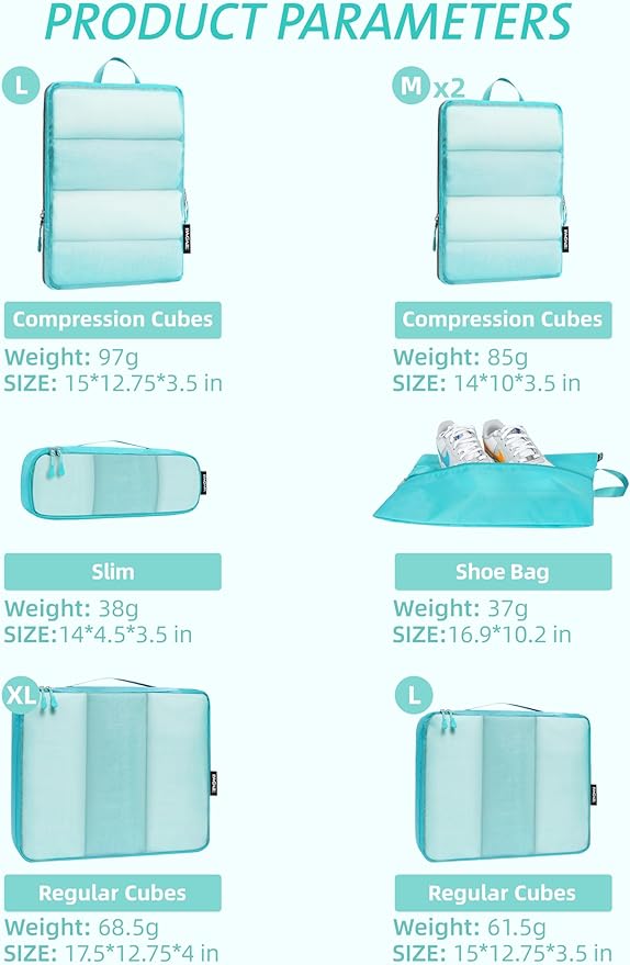 Bagail Ultralight Compression Cubes 7 Set - 3 Packing Cubes, 3 Organizers, and 1 Shoe Bag