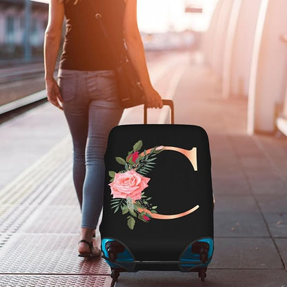 Floral Letter C Travel Luggage Cover Spandex Suitcase Protector Elastic Washable Stretch Suitcase Cover,Size L(Fit 25-28inch Suitcase)