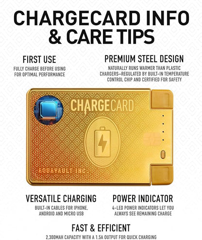 AquaVault ChargeCard – Ultra Slim Emergency Power Bank (2300mAh) – Fits in Wallet – USB-C & Micro-USB – Durable Steel Body – Flight-Safe for iPhone 12-17 & Android - Gold