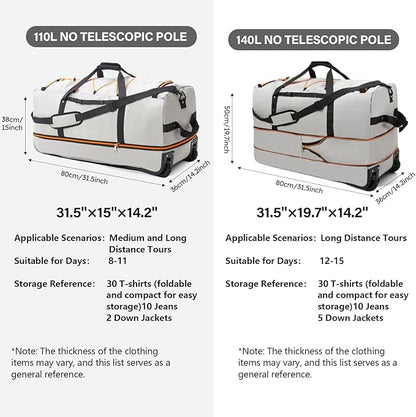 Vomgomfom 32" Soft-Sided Foldable Wheeled Travel Duffel Bag,Expandable 110L to 140L Rolling Cargo Bag with 2 Wheels and Multiple Pockets,Grey