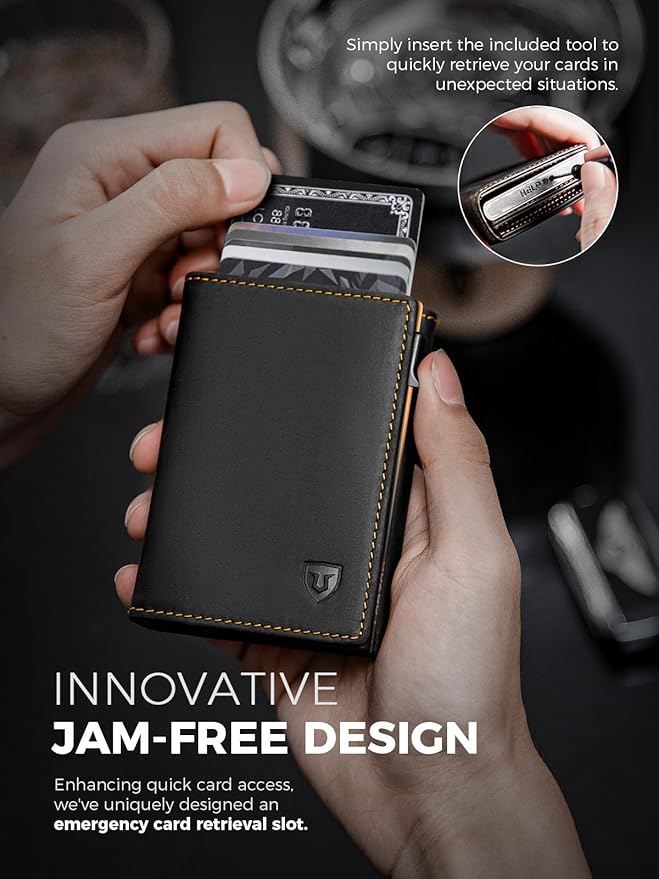 LORZOR Minimalist Wallet for Men with Credit Card Holder, Finest Full Grain Leather, Pop up Smart Wallet, Trifold Slim Wallet, RFID Blocking, Front Pocket, ID Window (Black/Yellow Black)