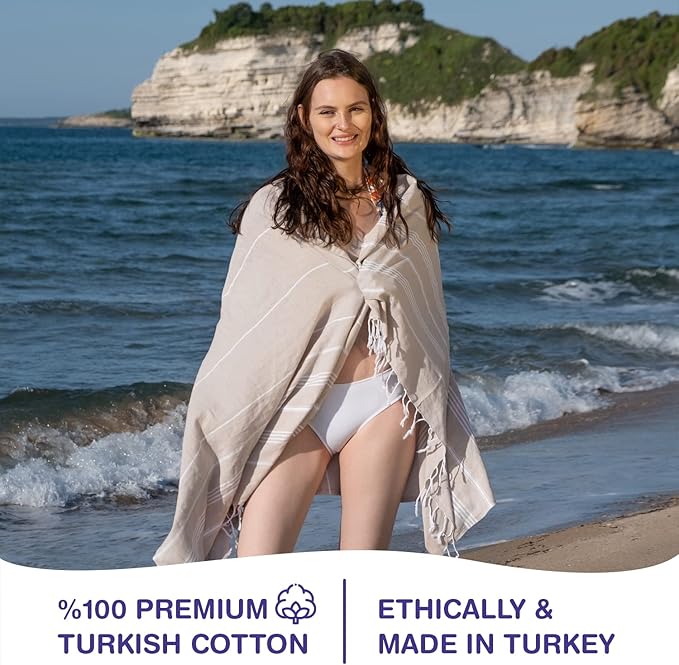 Turkish Beach Towels, Bulk Case of 12 | Oversized, Quick Dry, Sand Free | 100% Cotton, Large 38x71 Towels for Beach, Pool, Travel | Ultra-Soft, Compact, Absorbent | Beige