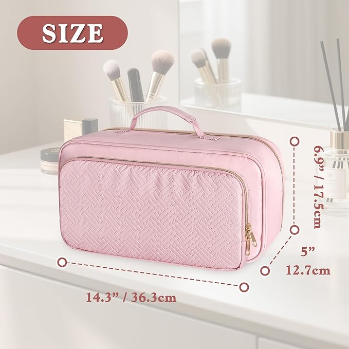 Fasrom Travel Makeup Bag for Women, Large Capacity Cosmetic & Toiletry Organizer Case, Make Up Storage Bags with Handle, Portable Pouch for Travel Essentials, Pink (Empty Bag Only)