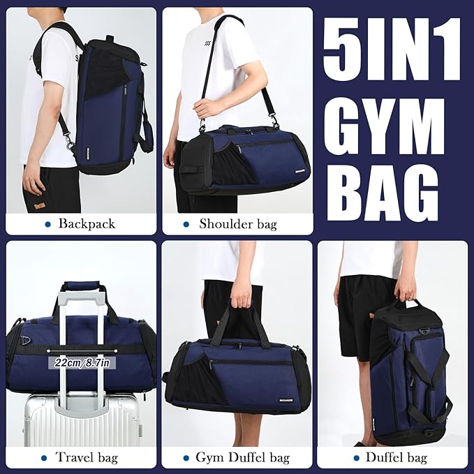 Gym Bags for Men Women 40L Large Gym Backpack Multiple Pockets Sport Duffle Bags with Shoe & Wet Compartment for Workout Travel Weekend Overnight Navy Blue