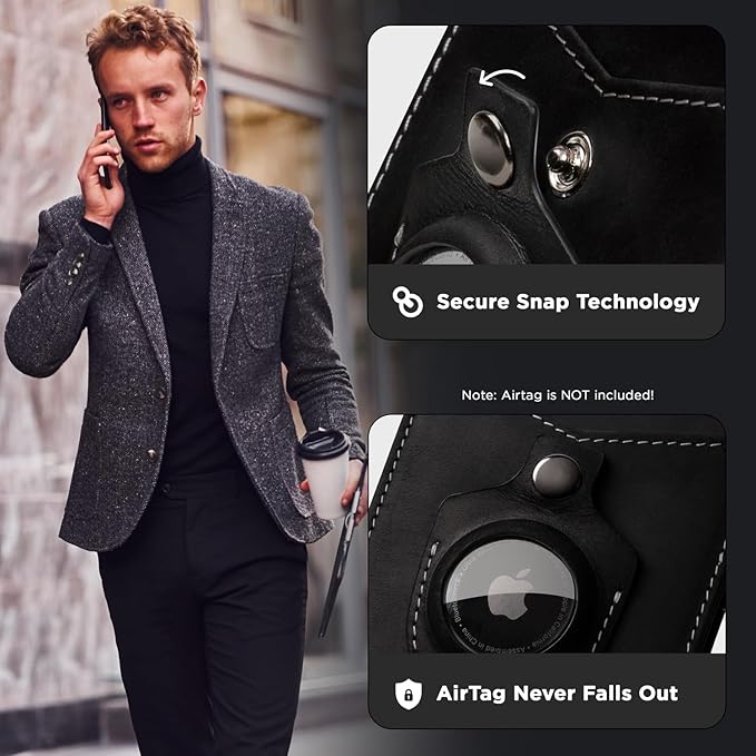 SERMAN BRANDS AirTag Wallet - RFID Blocking Mens Minimalist Money Clip Wallet for Airtag - Full Grain Leather - Slim Bifold. Front Pocket for Air tag Wallets for men. Gift (Carbon Air)