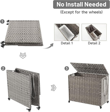 Laundry Hamper with Wheels, 52.8 Gallon(200L) Rolling Laundry Basket with Lid, Removable Large 3 Color Liners & 3 Mesh Laundry Bags, Clothes Hamper with Side Pocket, Grey