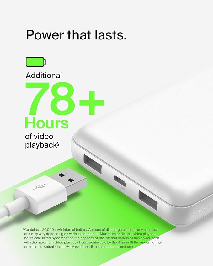 Belkin Portable Charger, USB C Power Bank 20000 mAh w/ 1xUSB-C Port & 2xUSB-A Ports, 15W w/Type-C to Type-A Cable - iPhone 17, Samsung Galaxy S25, Nintendo Switch 2, Google Pixel 10, etc. - White
