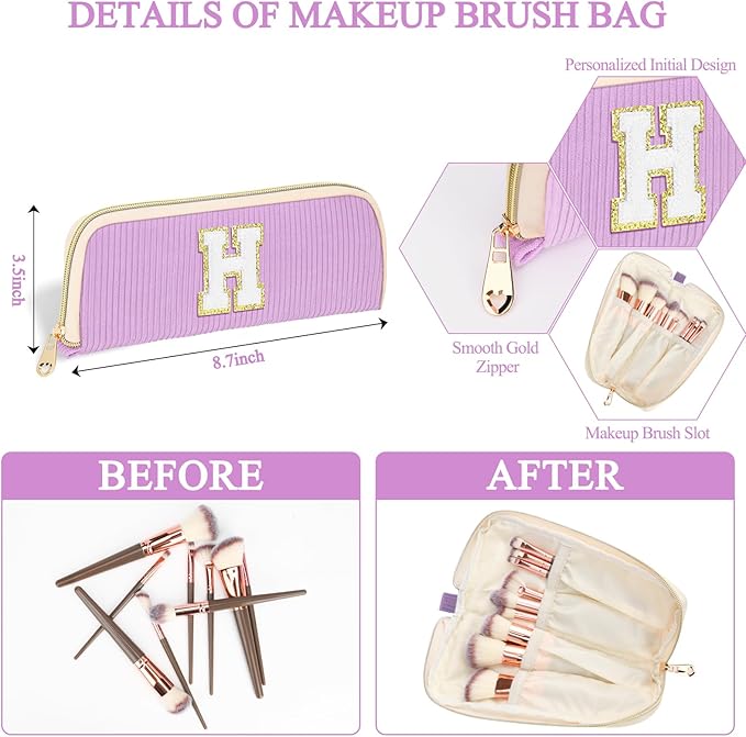 Personalized Initial Makeup Bag Trendy Stuff Corduroy Cosmetic Bag Travel Toiletry Bag for Women, Christmas/Thanksgiving/Halloween Gifts Makeup Organizer Case for Teen Girls Mom Girlfriend Wife.