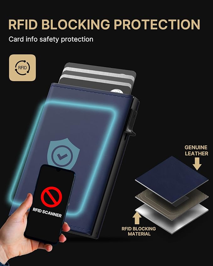 typecase Mens Wallet Card Holder: Pop Up Aluminum Case, Premium Genuine Leather, Smart, RFID Blocking, Slim, Minimalist, Front Pocket - 9-14 Card Capacity | ID Window | Cash Slot (Navy)