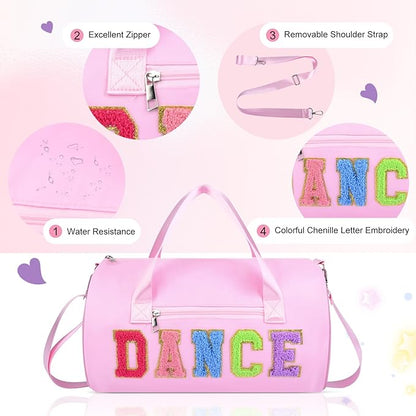 Dance Bag for Girls, KUIRAN 23L Waterproof Travel Duffel Bag with Colorful Chenille Letter, Lightweight Small Gym Sport Ballet Bag Weekender Bag with Large Main Compartment - Pink