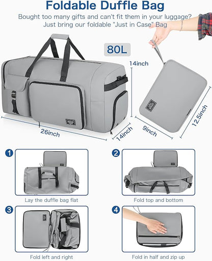 80L Large Duffle Bag for Travel, Urtala 26” Travel Duffle Bag for Men and Women, Foldable Traveling Duffel Bags with Shoes Compartment, Waterproof and Tear Resistant (Gray)