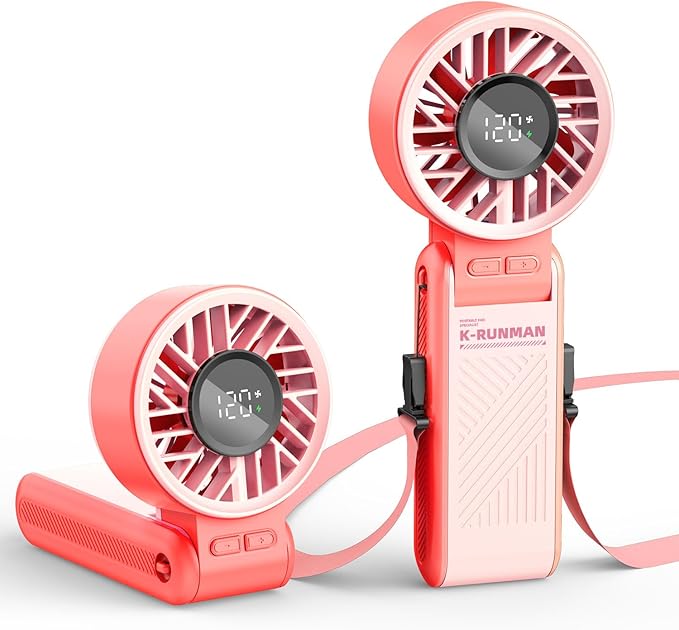 Portable Handheld Fan, 4000mAh Rechargeable, 6 Speed Settings, LCD Display, 3-in-1 Foldable Mini Desk Fan with Lanyard (Pink)