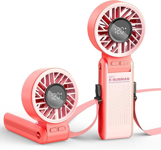 Portable Handheld Fan, 4000mAh Rechargeable, 6 Speed Settings, LCD Display, 3-in-1 Foldable Mini Desk Fan with Lanyard (Pink)