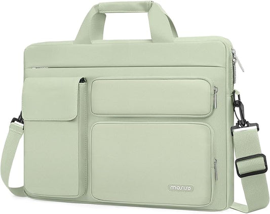 MOSISO Laptop Shoulder Bag 13.3 inch, 13-14 inch Computer Bag Compatible with MacBook Air/Pro 13 / Pro 14, HP Dell ASUS Lenovo with 2 Raised&1 Flapover&1 Horizontal Pocket&Handle&Belt, Sage Green