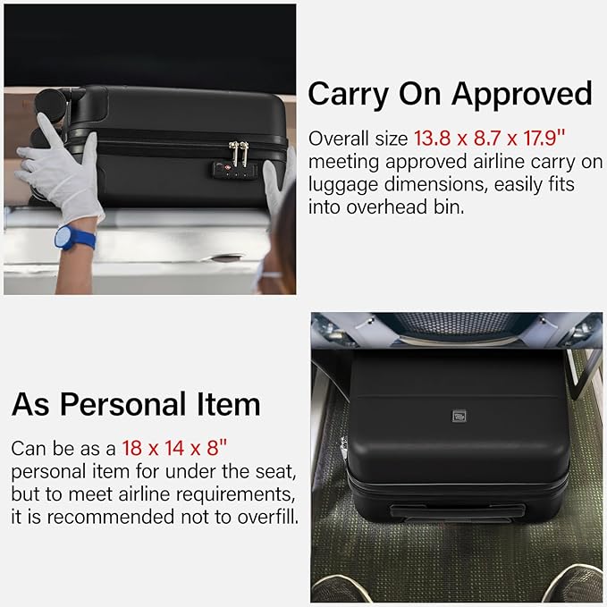 Hanke 16 Inch Underseat Carry On Luggage with Wheels Hard Shell Mini Small Suitcases Carry On Bag for Airline Approved TSA Luggage Lightweight Travel Suitcase(Black)