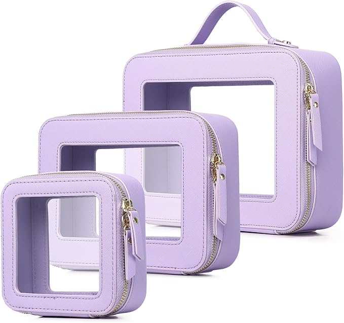 Pinkmik Clear Makeup Bag Waterproof Travel Case for Cosmetics and Toiletries Women's Purse Organizer and Clear Car Bag with Zipper (X/Purple, L+M+MINI)
