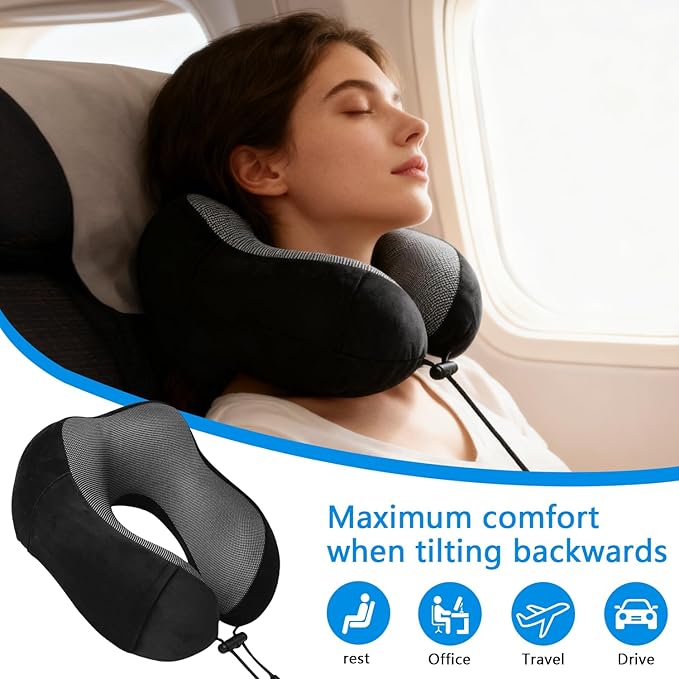 Travel Neck Pillow for Airplane, Memory Foam Travel Pillow for Long Flights & Car Rides - Ergonomic Support with Eye Mask & Ear Plugs