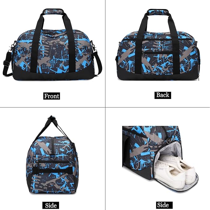 Octsky Sports Duffel Bag Gym Bag with Shoe Compartment Small Travel Overnight Bag Weekender Bag (Blue-Graffiti)