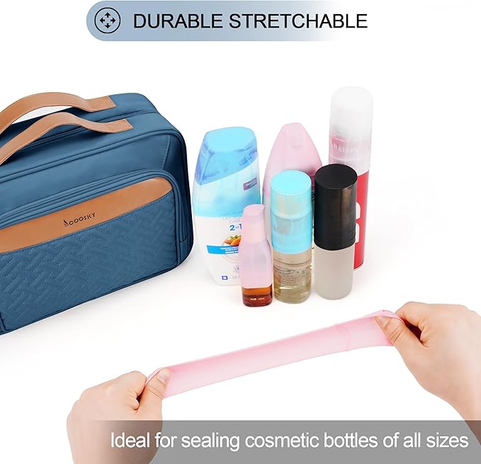 Travel Hanging Toiletry Bag for Women and Men, with 8 Leak Proofing Silicone Bottle Covers, Waterproof Makeup Accessories, Cosmetic Essentials, Toiletries Dopp Kit Set with Jewelry Organizer, Navy