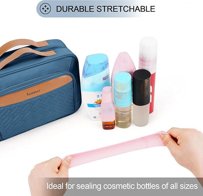 Travel Hanging Toiletry Bag for Women and Men, with 8 Leak Proofing Silicone Bottle Covers, Waterproof Makeup Accessories, Cosmetic Essentials, Toiletries Dopp Kit Set with Jewelry Organizer, Navy