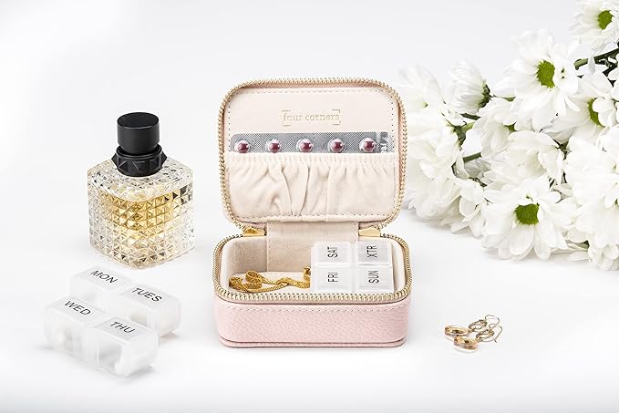 Weekly Pill Organizer 7 Day – Travel Pill Case for Vitamins & Medication, Premium Vegan Leather Pill Box with Removable Daily Compartments, Portable Supplement Organizer with Secure Zipper (Blush)