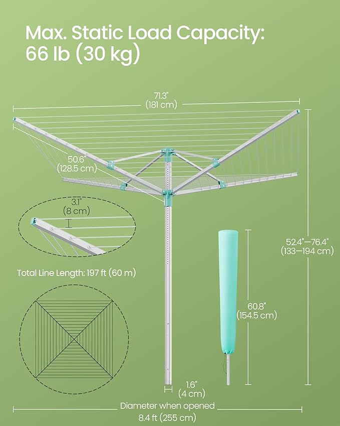 SONGMICS Umbrella Drying Rack, Retractable Outdoor Drying Rack, Height Adjustable, 197 ft Long Clothesline, Holds 6 Laundry Loads, for Garden, with Ground Spike, Cover, Silver and Green ULLR302E01
