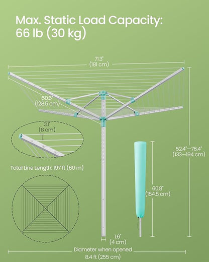 SONGMICS Umbrella Drying Rack, Retractable Outdoor Drying Rack, Height Adjustable, 197 ft Long Clothesline, Holds 6 Laundry Loads, for Garden, with Ground Spike, Cover, Silver and Green ULLR302E01