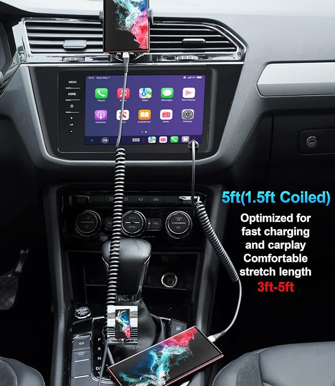 USB Type C Cable Fast Charging, 2Pack 5ft Coiled USB A to USB C Charge Cable for Car Android Auto Charging Cord Compatible with iPhone 17/16/15/Plus/Pro/Samsung Galaxy S20 S10 and More USB C Devices