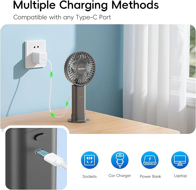HandFan Upgraded 10,000 mAh Quiet Handheld Fan - 4.5 Inch Large Hand Held Fans Reahargeable, Portable Fan [30 Working Hours] with Charging Function, Lanyard, Base for Travel/Concerts/Lash/Office