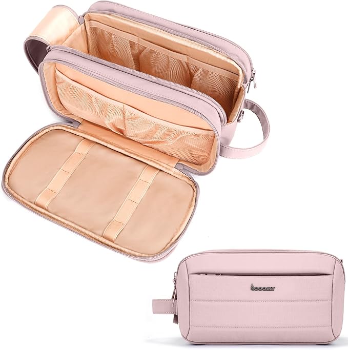 Toiletry Bag for Men & Women, Cruise Ship Travel Essentials, Shaving Dopp Kit with Dry and Wet Separation, Water-resistant Bathroom Cosmetic Organizer Bag, Makeup Accessories with Trolley Belt, Pink