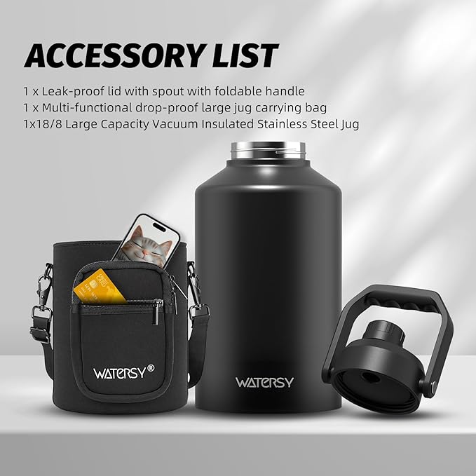 WATERSY 1.5 Gallon Water Bottle Insulated(Cold for 48 Hrs),BPA Free&Leak Proof,196oz Stainless Steel Water Jug,Big thermos,Large Water Bottle with Handle for Gym,Hiking,Camping&Travel,Black