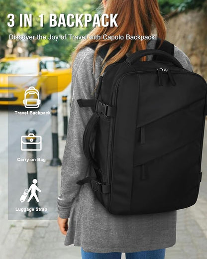 Capolo Travel Backpack for Women Men Waterproof Laptop Backpack Flight Approved Carry On Backpack Overnight Weekender Bag College Bookbag for Business, Work, Traveling Fits 17 '' Laptop,Black