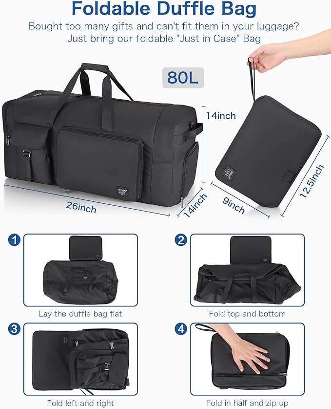 80L Large Duffle Bag for Travel, Urtala 26” Travel Duffle Bag for Men and Women, Foldable Traveling Duffel Bags with Shoes Compartment, Waterproof and Tear Resistant