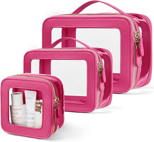Clear Cosmetic Bag Set for Women Makeup Bag with Handle, 3 Pcs Travel Toiletry Bag Transparent Cosmetic Case Portable Make Up Organizer Bag for Essentials