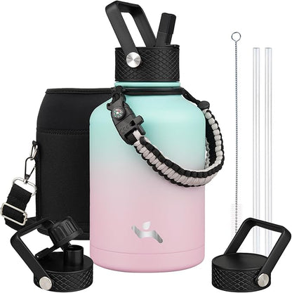 Insulated Water Bottle with Straw,50 oz 3 Lids Water Jug with Carrying Bag,Paracord Handle,Double Wall Vacuum Stainless Steel Metal Flask,Gum