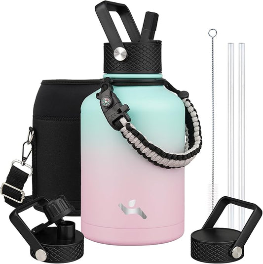 Insulated Water Bottle with Straw,50 oz 3 Lids Water Jug with Carrying Bag,Paracord Handle,Double Wall Vacuum Stainless Steel Metal Flask,Gum