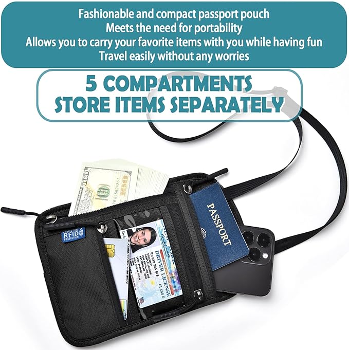 RFID Blocking Travel Neck Wallet–Hidden Passport Holder & Anti-Theft Money Pouch for Men & Women, Lightweight Concealed Travel Organizer with Adjustable Strap Secure Document