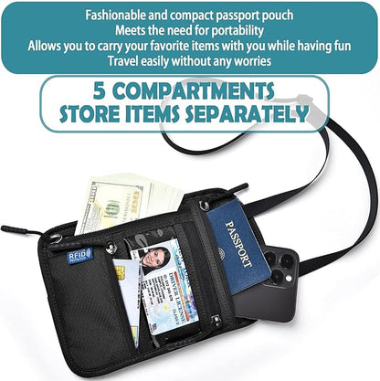 RFID Blocking Travel Neck Wallet–Hidden Passport Holder & Anti-Theft Money Pouch for Men & Women, Lightweight Concealed Travel Organizer with Adjustable Strap Secure Document
