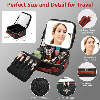 Travel Makeup Bag with Light Up Mirror, Portable Makeup Bag with Led Light Women Waterproof Makeup Travel Case adjustable dividers Rechargeable Vanity Mirror with 3 Color Lights (Black)