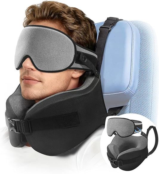 YFONG Travel Pillow for Long Flight Airplanes, Head Strap Combo with 3D Contoured Eye Mask for Sleep, Neck Pillow for Car Trip Essential, 360° Support Memory Foam Headrest, Prevent Head Bobbing, Grey