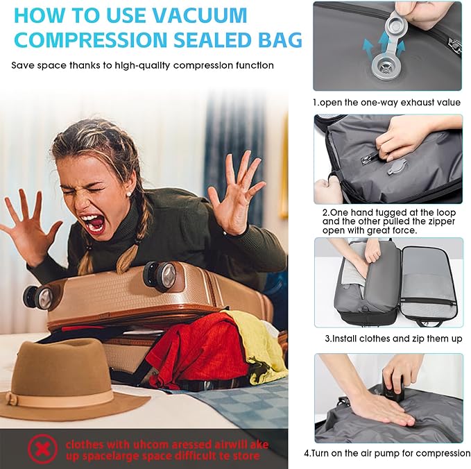 Vacuum Travel Backpack with Pump, 50L Expandable Compression Backpack With Vacuum Seal, 17.3 Inch Water Resistant Business Laptop Backpack with USB Charging Port for Women & Men